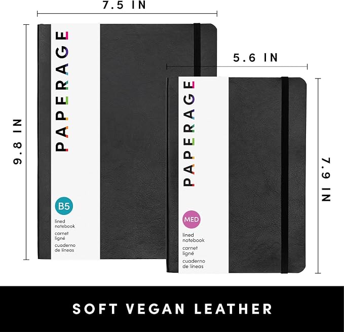 PAPERAGE Softcover Lined Journal Notebook (Black), 160 Pages, Medium College Ruled Notebook, 5.6 inches x 7.9 inches - 100 GSM Thick Premium Paper, Soft Vegan Leather Journal for Home, Work & School