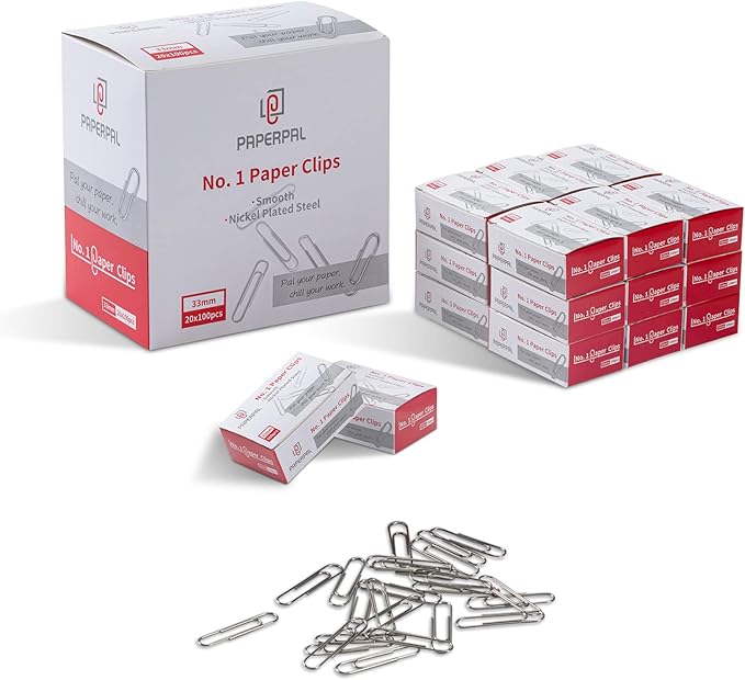 PAPERPAL Paperclips for Office School & Personal Use, #1 Smooth Paper Clip (1-2/7"), 2000 Medium Paper Clips (20 Boxes of 100 Each), Silver | Value bulk pack of 2,000 medium paper clips for offices, schools and businesses, packed in 20 boxes of 100 each.
