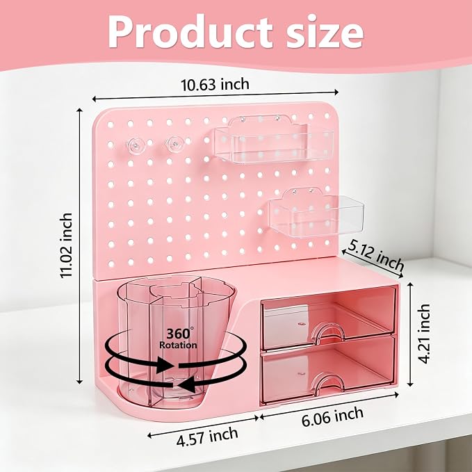 Desk Organizer with 360° Rotating Pen Holder, 5 Slots, 2 Drawers & Pegboard for Office School Art Supplies (Pink)