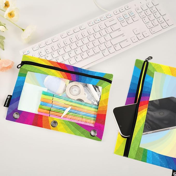 Rainbow Pencil Pouch Fits Standard 3-Ring Binders, Zipper Binder Pencil Bag with Clear Window for Class Office 2 Pack
