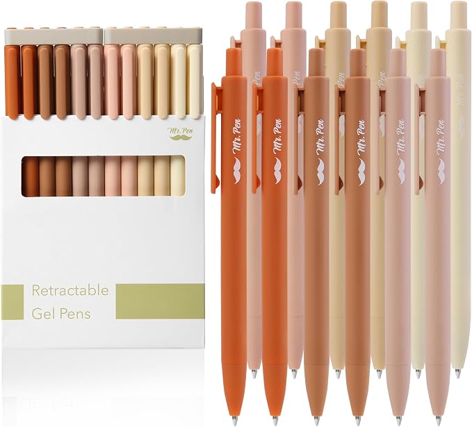 Mr. Pen- Retractable Gel Pens, 12 Pack, Black Ink, Natural Colors Barrels | Fine Point 0.5mm, Fast Dry, Smooth Writing, Cute Pens for Drawing, Writing Planner and School Supplies