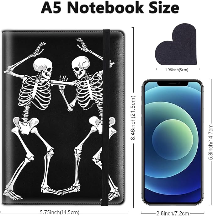 A5 Leather Lined Journal Notebook, 200 Pages Hardcover Executive Notebook for Office Note Taking,Thick Writing Paper Daily Journal with Bookmarks/Indexes,Day of The Dead Halloween Skeleton Dancing