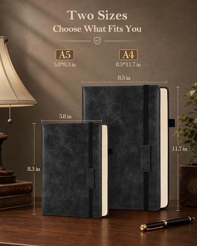 Lined Hardcover Leather Journal Notebook: A4 Journal for Women Men, Black | 312 Numbered Pages & Content, 100GSM Thick Paper, College Ruled Journals Note Book for Business Work Writing Diary