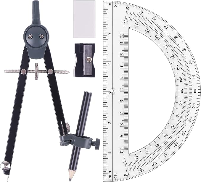 UNJOO Professional Metal Compass for Geometry Set, Math Protractors (Black) | Metal Compass with Wheel and Lock for Geometry, Drawing Compass Tool, Circle Drafting Tool, and 6 Inch Protractors 180 Degree