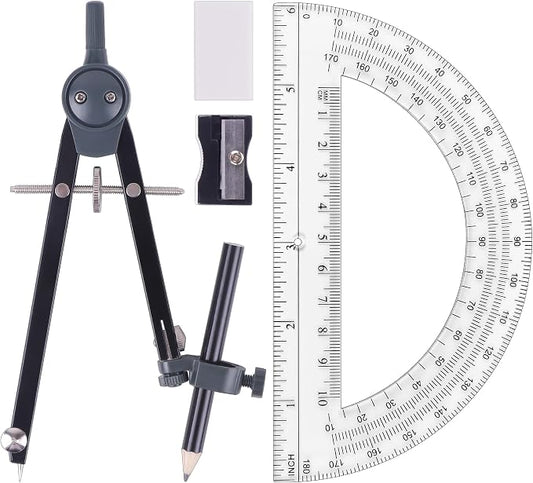 UNJOO Professional Metal Compass for Geometry Set, Math Protractors (Black) | Metal Compass with Wheel and Lock for Geometry, Drawing Compass Tool, Circle Drafting Tool, and 6 Inch Protractors 180 Degree