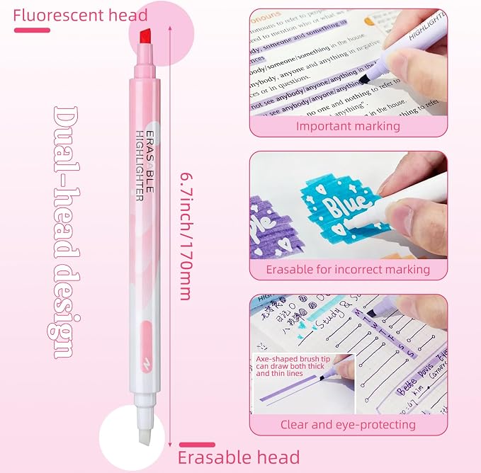 12 Pack Erasable Pen Set - 6 Colors Erasable Highlighters + 6 Colors Erasable Gel Pens, Smooth Writing No Bleed, Reusable Erasable Markers for School, Office & DIY Art Crafts (12 Pack)