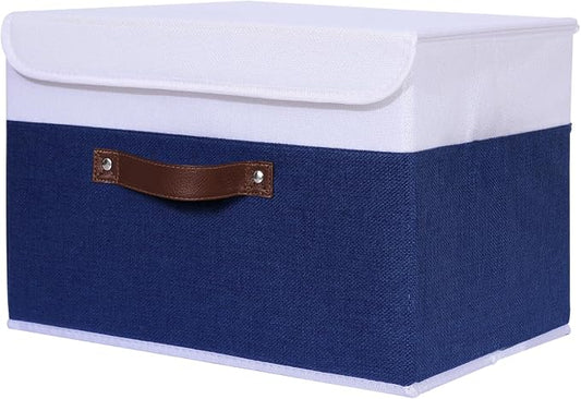 ANMINY Storage Boxes with Lids Washable Decorative Storage Bins Basket with PU Leather Handle Foldable Linen Fabric Storage Cubes Containers for Home Closet Organizer - Deep Blue White, Medium