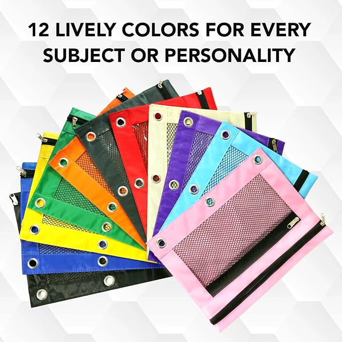 Pencil Pouch for 3 Ring Binder, Heavy Duty Canvas Dual Zipper Pen Bag with Clear Window, Smooth Metal Zipper, Fit Standard 3-Ring Binders for School Office Travel Supplies (Purple)