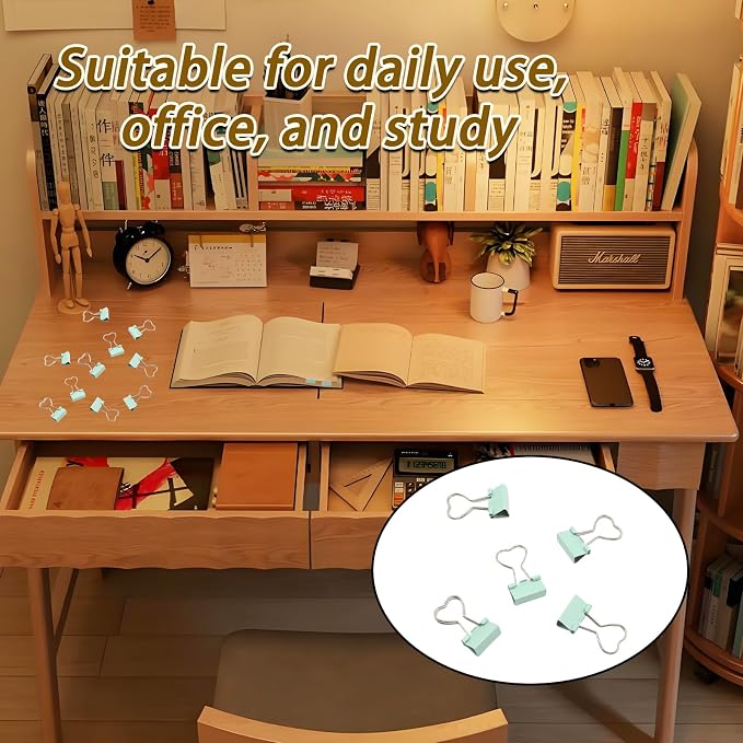 10Pcs Green Binder Clips, Heart Hollow Out Metal Clip Notes Letter Paper Clamps, Colorful Binder Clips for Paperwork/Home, Office Supplies (Green, Can clamp 8mm)
