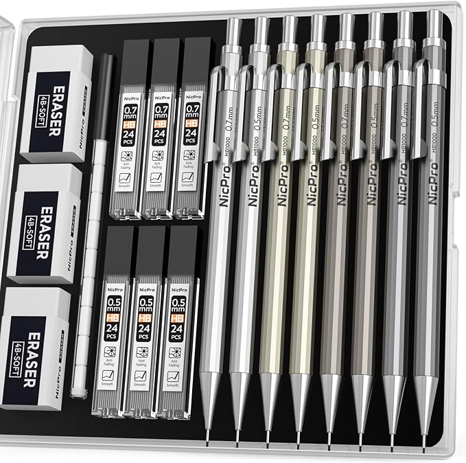 Nicpro 8 Pack 0.5mm & 0.7mm Metal Mechanical Pencil Set, MB1000 | Lead Drafting Pencil for Artist Writing, Sketching, Drawing with 6 Tubes HB Refills, 3×4B Eraser, 9×Cap Eraser - With Case