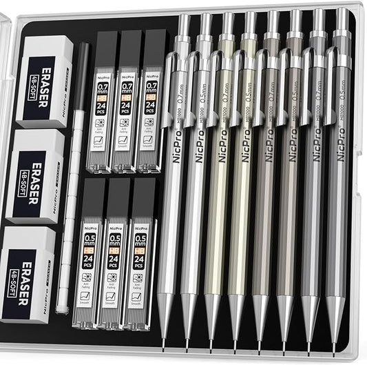 Nicpro 8 Pack 0.5mm & 0.7mm Metal Mechanical Pencil Set, MB1000 | Lead Drafting Pencil for Artist Writing, Sketching, Drawing with 6 Tubes HB Refills, 3×4B Eraser, 9×Cap Eraser - With Case