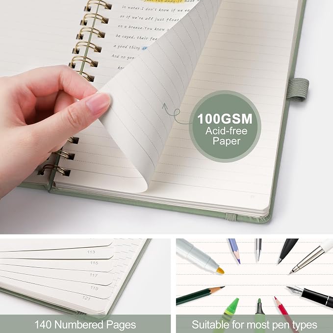AHGXG Lined Spiral Journal Notebook, 140 Pages, A5 (5.7" x 8.3") | Journals for Women, Hardcover Leather Notebook College Ruled, 100 GSM Paper, for Work School Note Taking (Sage Green)