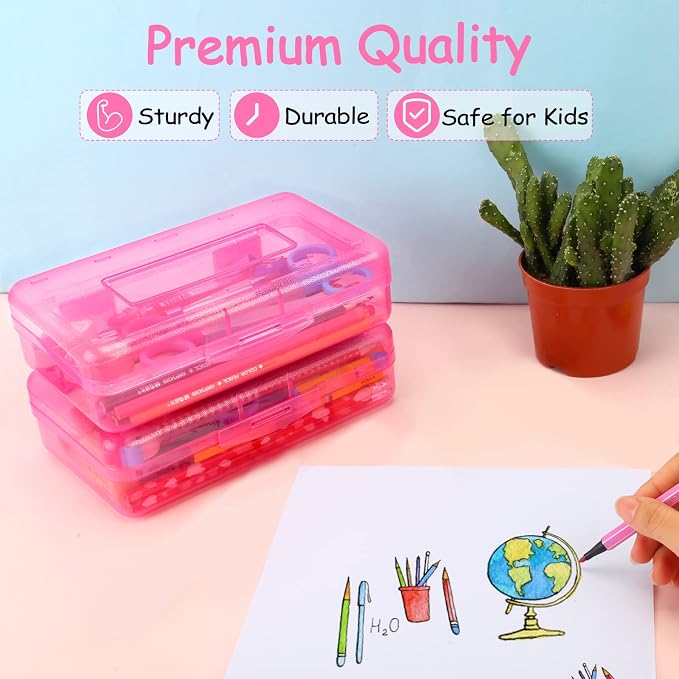 Sooez 1 Pack Pencil Case, Clear Pencil Box with Stickers, Large Plastic Crayon Box with Snap-tight Lid, Stackable Storage Box Art Craft Marker Organizer Box for Kids Boys Back to School, Pink | Clear Pink, Large Capacity, Stickers, Snap-tight Lid, Stac...