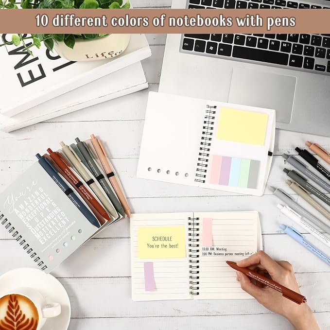 Jetec 20 Pcs/10 Sets Back to School Teacher Gifts Motivational Spiral Notebook with Sticky Notes Pen Bulk Inspirational Journals Thank You Gift for Employee Coworker Birthday Party (Morandi)