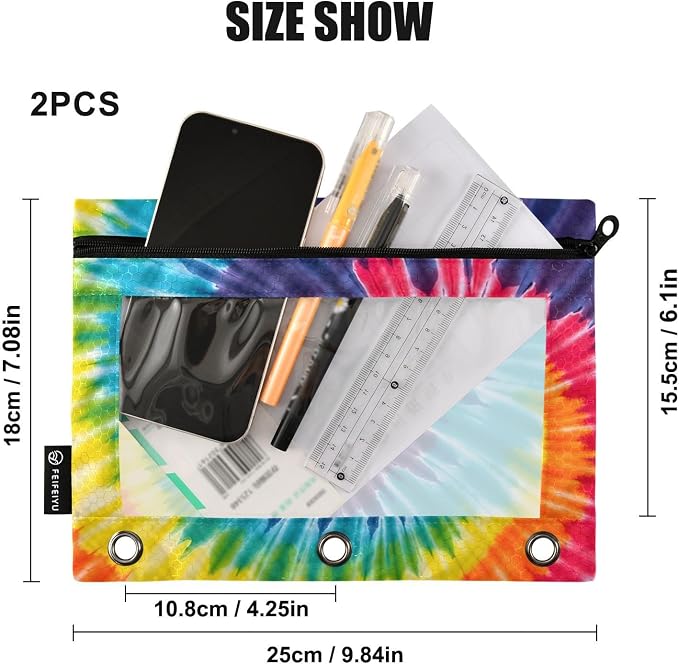 Tie Dye Rainbow Swirl Pencil Pouch for 3 Ring Binder 2 Pack Zipper Binder Pencil Bag with Clear Window Pencil Case for Office Supplies