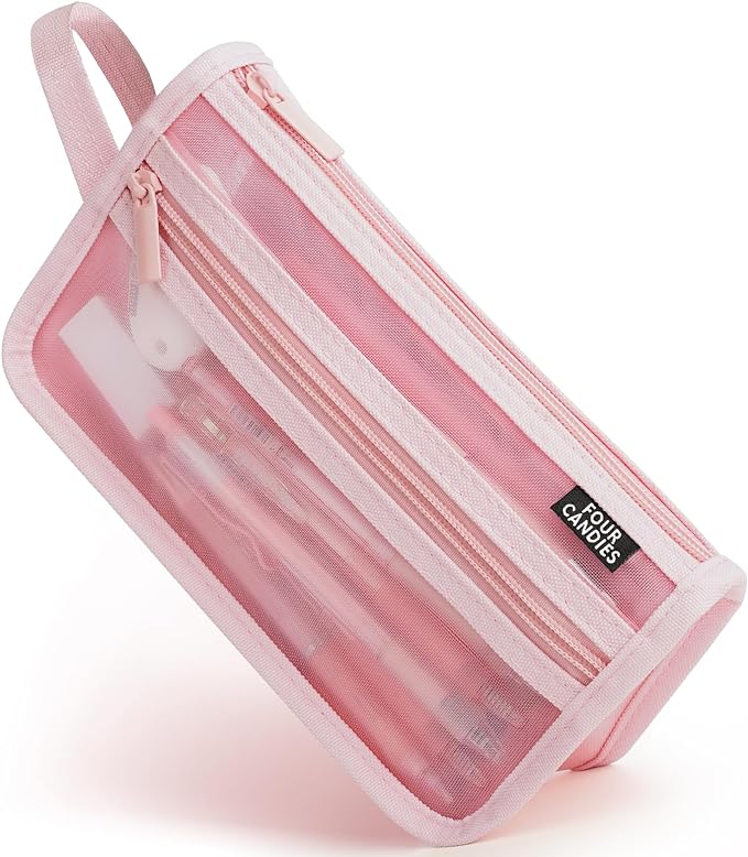 Four Candies Grid Mesh Pencil Case with Handle and Zipper, Clear Double-layer Pencil Pouch Marker Pouch, Travel Makeup Bag, Cute Transparent Stationary Organizer Pen Bag for Adult Office College