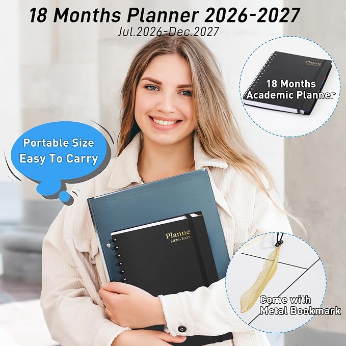 Daily Planner 2026-2027, 18-Month Weekly and Monthly Calendar Planner, July 2026-December 2027, Planning Agenda Book with Laminated Tabs, Flexible Cover, 100GSM Thick Paper, A5 Size,Black