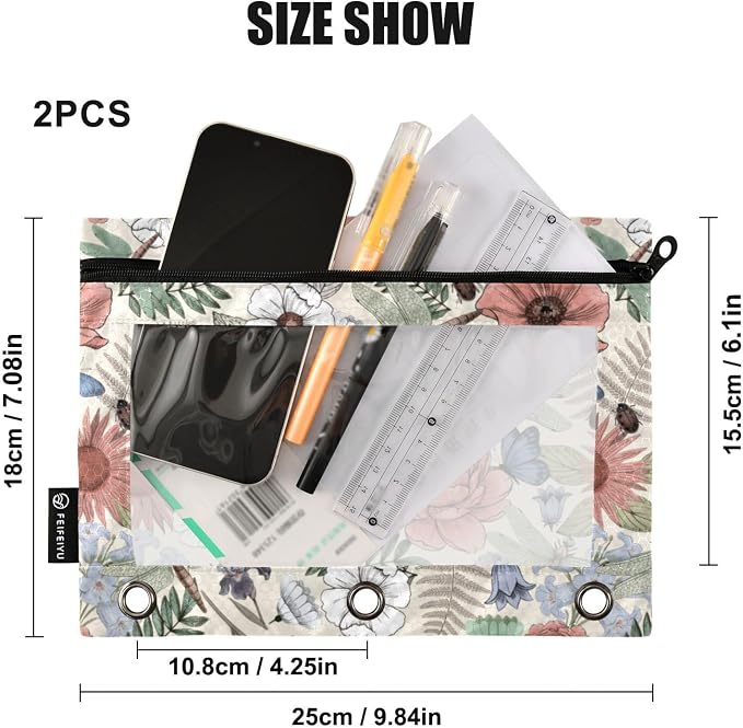 ALAZA Pencil Pouch for 3 Ring Binder, Boho Flowers and Dragonflies Binder Pencil Pouches with Clear Window Zipper Pencil Case Cosmetic Bags for Office College Supplies, 2PCS