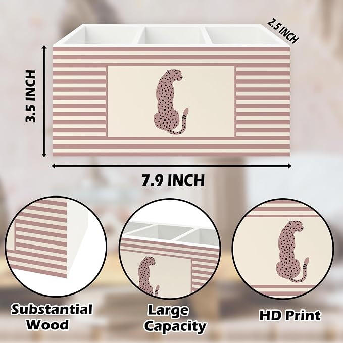 Trendy Retro Leopard Pen Pencil Holder Organizer for Desk, Pink Striped Leopard Wild Animal Wooden Box Signs Decorations for Girls Room Bedroom Desk Tabletop, Cheetah Gifts for Women Men