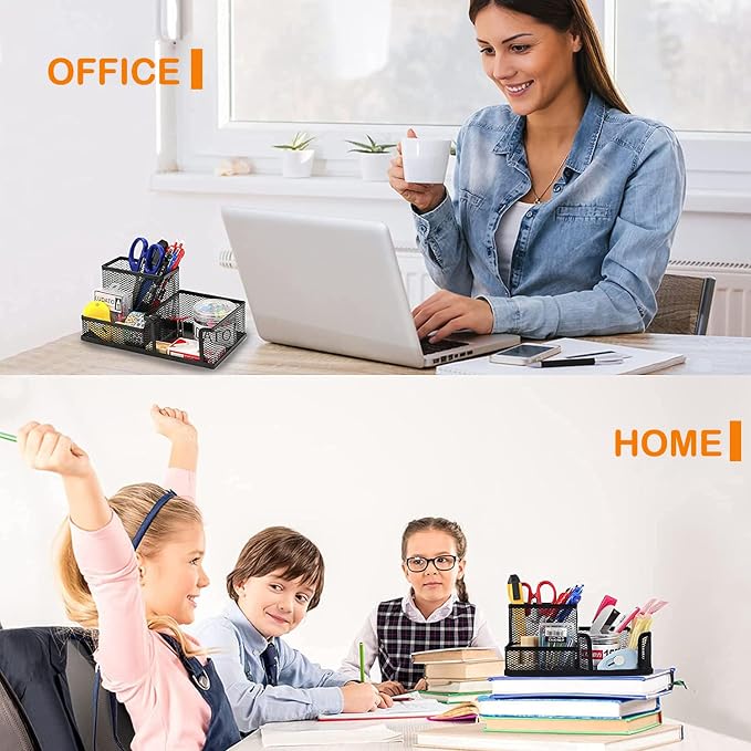 Moonlik Mesh Pen Holder Desk Organizer Set, Pencil Storage Holder with 3 Compartments, Office School Home Desktop Supplies, Desk Accessories for Paper Clip, Sticky Notes(2pack, Black)
