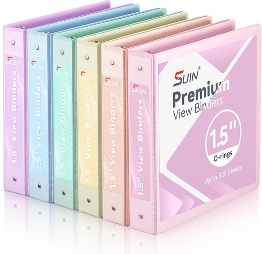 SUIN 1.5-Inch 3-Ring Binder with 2 Interior Pockets, Brushed Texture View Binders Assorted Colors, Holds 325 Sheets School Office Home, 6 Pack