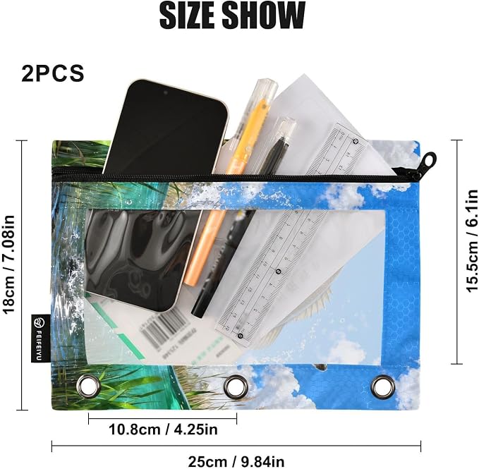 Largemouth Bass Fish Pencil Pouches for 3 Ring Binder, Zipper Binder Pencil Case, 2 Pack Clear Window Case Bag for Office Organizers
