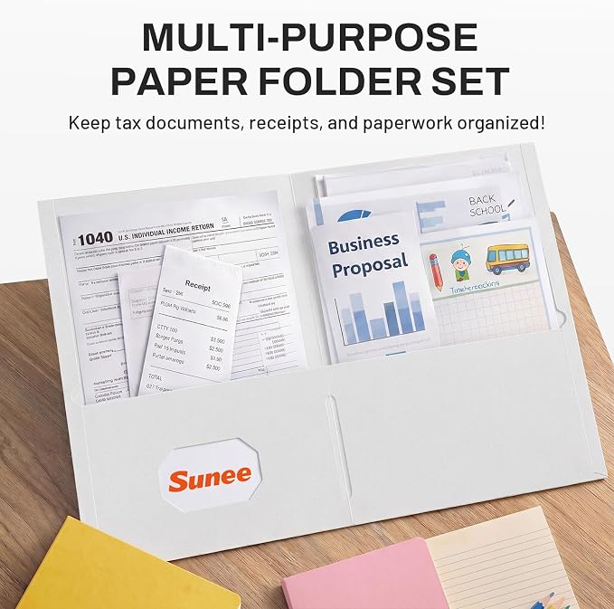 SUNEE Folders with Pockets (25 Pack, White), 2 Pocket Folders Fit Letter Size Paper, Paper File Folder for School Office Home Bussiness
