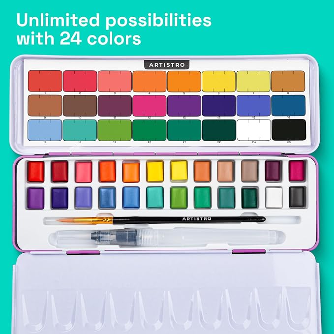 ARTISTRO 24 Color Watercolor Paint Set - Portable Paint Art Kit with Palette and Brush Pens - Travel Water Color Set for Adults, Professionals, Kids - Art and Painting Supplies - Gift Idea