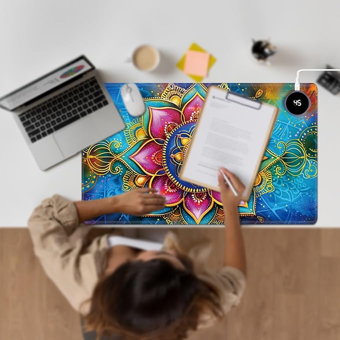 Heated Desk Pad Large Mouse Pad 23.6 x 14.1 inch with 3 Levels Heating & Auto Shut-Off Warm Mouse pad PU Leather Computer Mousepad for Home Office Work - Colorful Lotus Flowers
