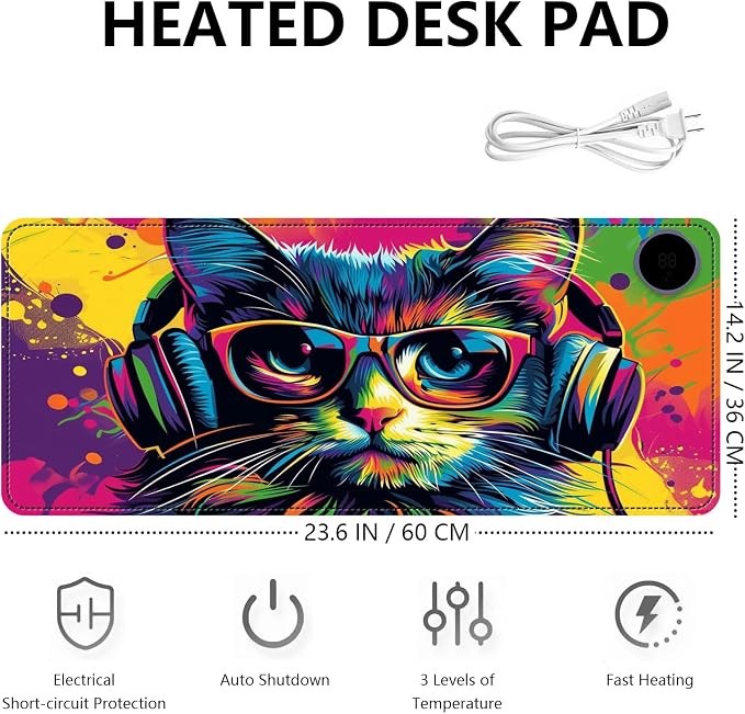 Heated Mouse Pad with 3 Levels Heated & 3 Hours Auto Shut-Off Mouse Pad for Warming Hands in Office Home, 23.6" x 14.2"Large Safe Desk Mat Hand Warmer，Colorful Eyeglass Cat