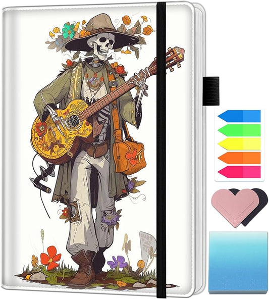 A5 Leather Lined Journal Notebook, 200 Pages Hardcover Executive Notebook for Office School Note Taking,Thick Writing Paper Daily Journal with Bookmarks/Indexes, Skeleton Playing Guitar in Flowers