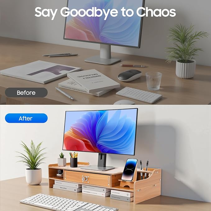 Wooden Monitor Stand for Desk, Monitor Riser Computer Stand Desktop Storage Stand for Computer Monitor Stand with Drawer and Lock Laptop Desktop Organizer for Home Office 19" x 7.9"
