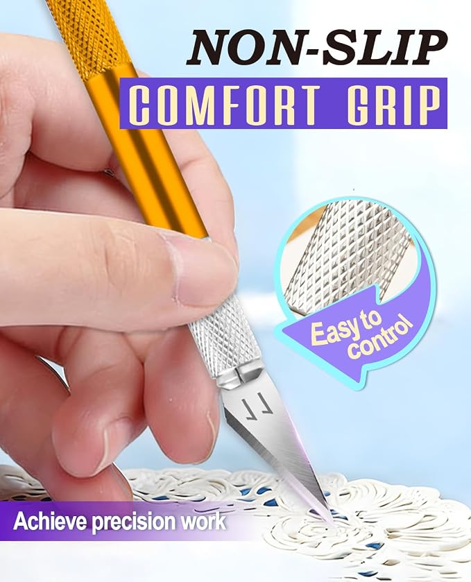 DIYSELF Exacto Craft Knife Set with 10 Extra #11 Blades, 6-Inch Metal Ruler | Craft Razor Knife with Ruler for Polymer Clay, Paper, Vinyl & Models, Exacto Knife for Crafting, Artists & Hobbyists, Gold