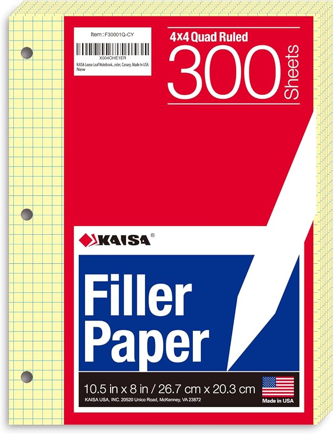 KAISA Loose Leaf Notebook Paper, 4x4 Quad Graph Ruled, 300 Sheets Per Lined Paper, 8" x 10.5", 3 Hole Punched for 3 Ring Binder, Canary, Made In USA
