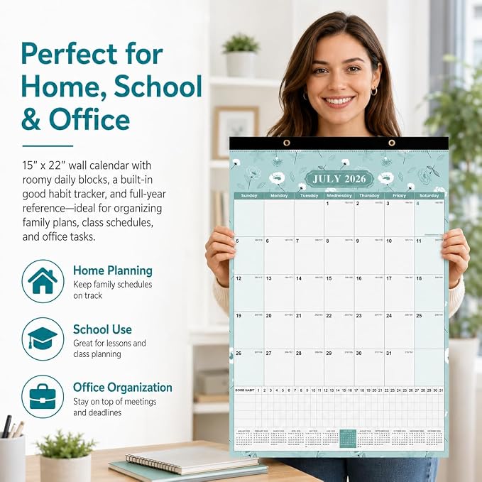 Large Wall Calendar 2026-2027, 18-Month Wall Calendar from July 2026 to December 2027, 15" x 22" 2026 Wall Calendar with Spacious Blocks, Julian Dates, Habit Tracker & Full-Year Reference for Home Office School Floral