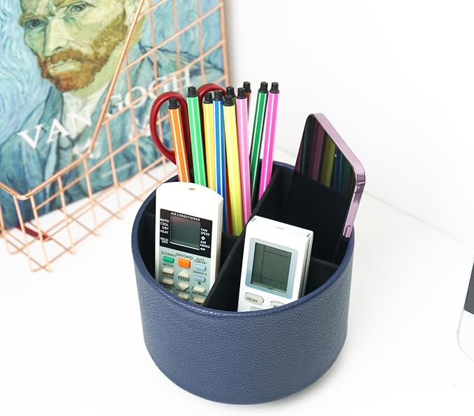 Round Leather Art Supply Organizer,Remote Control Holder,360 Degree Spinning,Multi-Functional Pencil Holder,4 Compartments Desktop Stationary Organizer(1-Lichee Blue)
