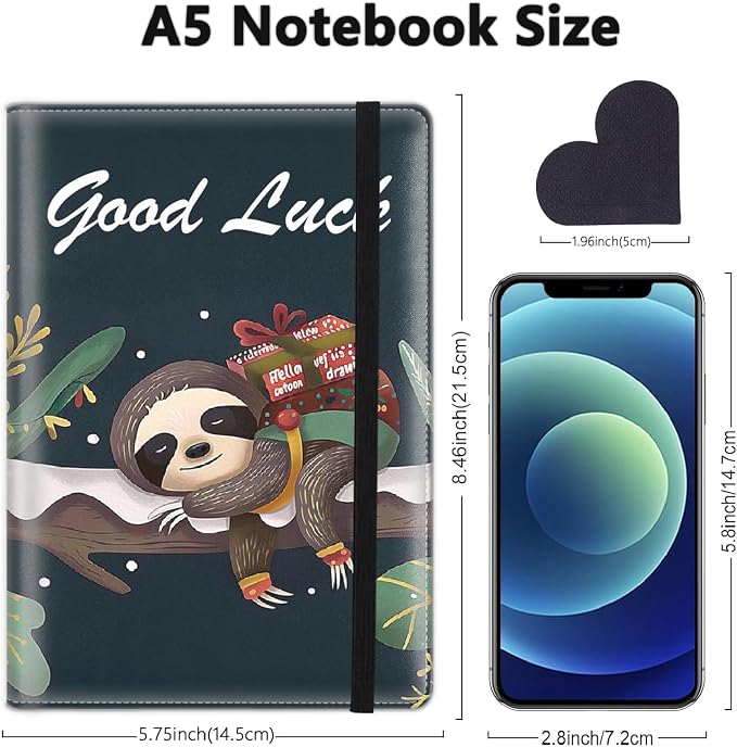 A5 Leather Lined Journal Notebook, 200 Pages Hardcover Executive Notebook for Men Women Office School Note Taking, Thick Writing Paper Daily Journal with Bookmarks/Indexes,Funny Sloth