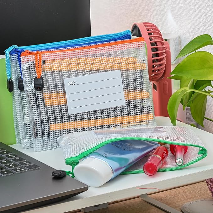 Plastic Mesh Zipper Pouch, 12Pcs Zipper File Bags with Label Pocket, Game Boards Storage Bags, Waterproof Document Storage Bags for Office Home Travel (B6 Size 7.6x5.3 in)