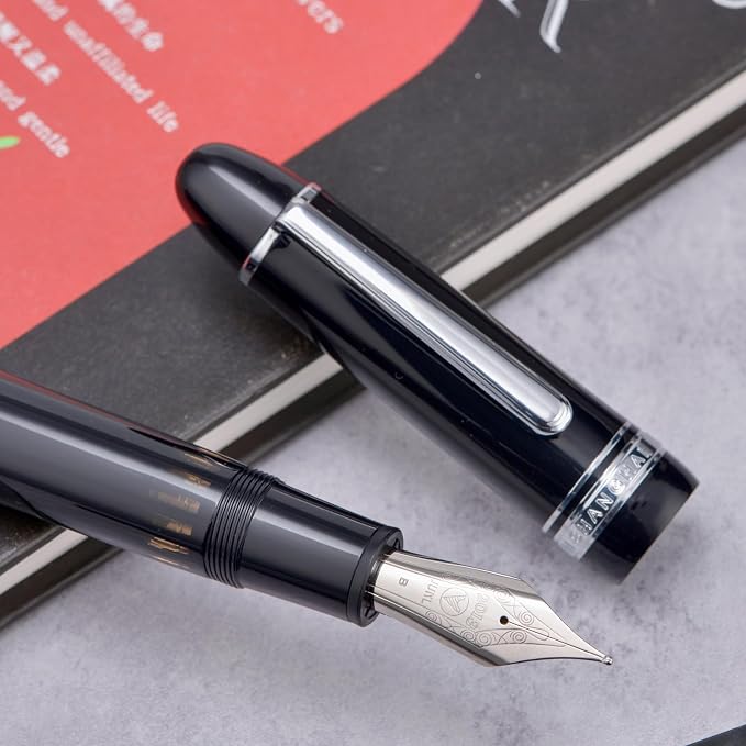 Yongsheng Junlai 930 Acrylic Fountain Pen, Size 9 Fine Nib with Piston Filling System, Piano Black Fence Ink Tank with Torpedo Shape Design Large Hand Pen (Silver Trim)