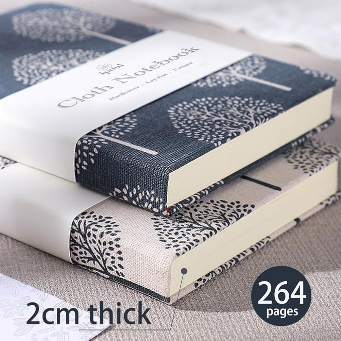 Linen Notebook, Hardcover Cloth Journal, B6, 264 Pages, 5x7 Small Lined Notebook & Sketchbook, Lay Flat, White Tree Navy Blue Fabric, Dirt-proof, Suitable for Outdoor Sketching