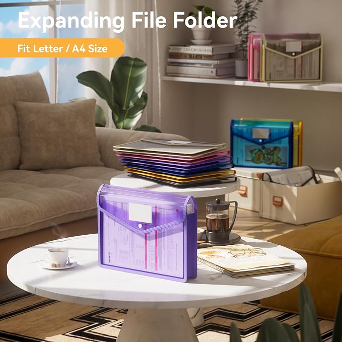 ABC life 6 Pack Plastic Expanding File Folder, Transparent Envelopes with Snap Closure, No Dividers, Large Capacity, Assorted Colors, Large Capacity, Fit Letter/A4 Size - Mutilcolor 03