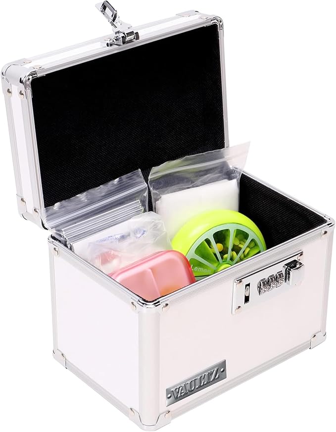 Vaultz Locking Medicine Box with Combination Lock - Secure Metal Lock Box Safe for Medication, Pills & Valuables, Small Lockbox with Code, Portable Storage Case, White | Metal lock box, storage case for medication and small valuables, 3-digit combinati...