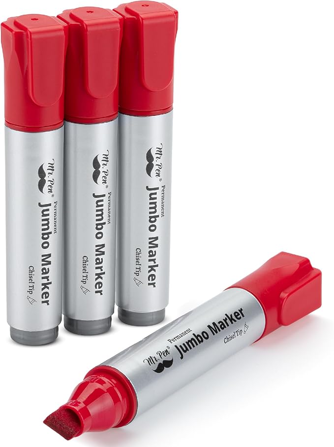 Mr. Pen- Jumbo Permanent Markers, 4 Pack, Red, Chisel Tip, Wide Tip, Large | Thick Permanent Markers for Canvas, Posters Board, Fabric, Window, Glass, Wood, Waterproof, Quick Dry