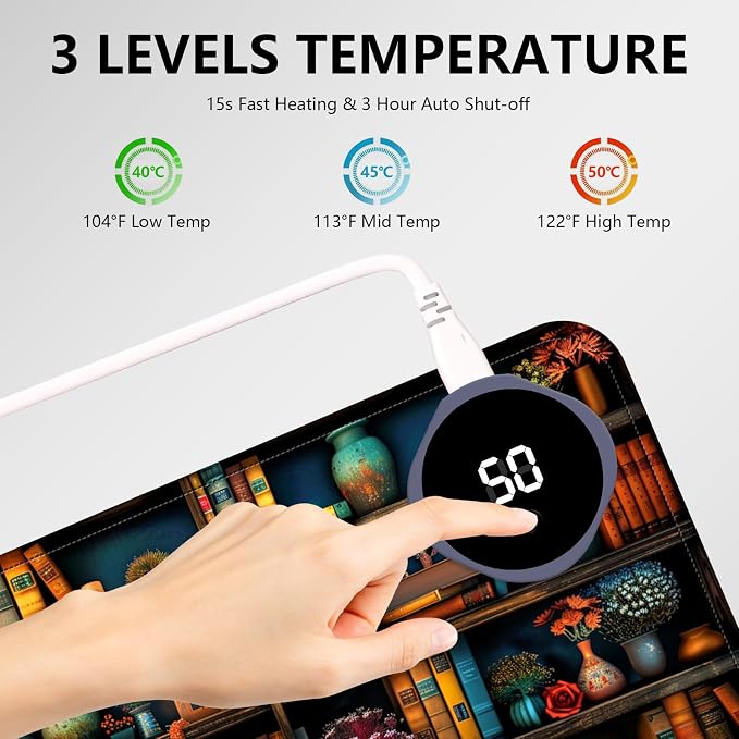 Heated Mouse Pad with 3 Levels Heated & 3 Hours Auto Shut-Off Mouse Pad for Warming Hands in Office Home, 23.6" x 14.2"Large Safe Desk Mat Hand Warmer，Vintage Colorful Bookshelf