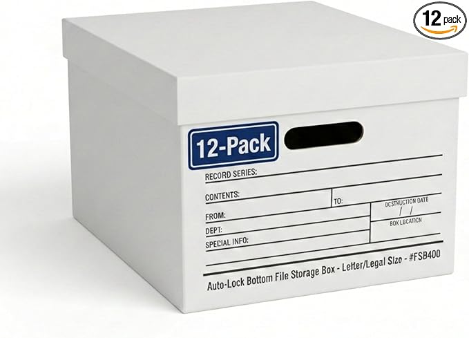 BOX USA Boxes with Lids and Handles (12-Pack) - File Storage Boxes for Office Supplies, Book Storage, Moving, and Packaging