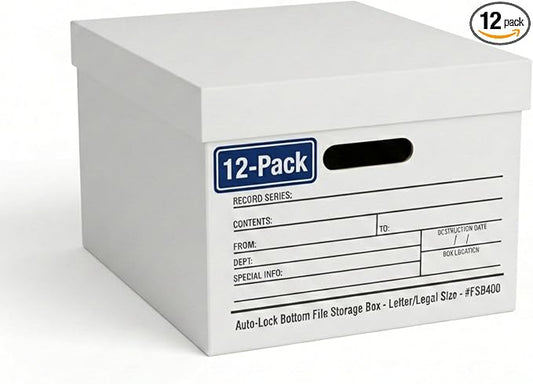 BOX USA Boxes with Lids and Handles (12-Pack) - File Storage Boxes for Office Supplies, Book Storage, Moving, and Packaging