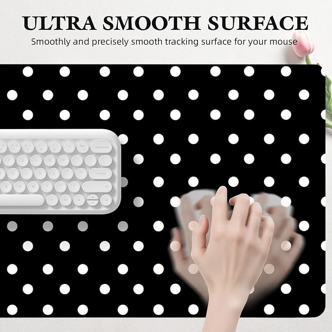 White Polka Dot Leather Desk Mat Extended Gaming Mouse Pad | Non-slip Large Writing Pad Laptop Blotter Computer Keyboard Mat | Cute Black Desk Protector for Home Office 31.5" x 15.7"