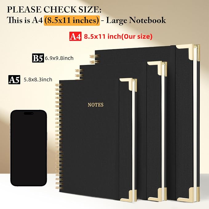 A4 Large Spiral Notebook Journal,(8.5×11'') 100 Pages Linen Hardcover College Ruled Journaling For Work & Note Taking Thick Spiral Journal For Writing Daily Journal For Women & Men- Black