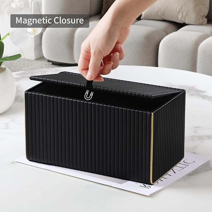 Extra Large Rectangle PU Leather Tissue Box Cover with Magnetic Closure, Decorative Tissue Holder & Storage Container for Bedroom, Living Room, Dining Room, Bathroom, Countertop, Desk & Office (Black)