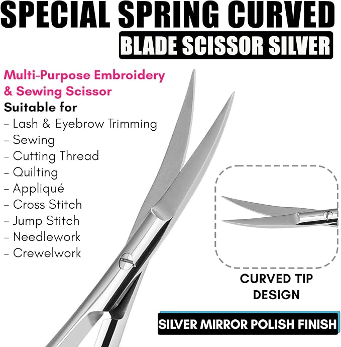 Cross Edge Curved Spring Scissors 5 Inch Stainless Steel Precision Eyebrow & Eyelash Shaping & Trimming Scissor, Snips Squeeze, Embroidery, Knitting Micro Tip Craft Scissors (Silver)